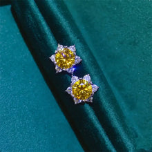 Yellow flower-shaped moissanite carat sterling silver stud earrings with white diamond halos