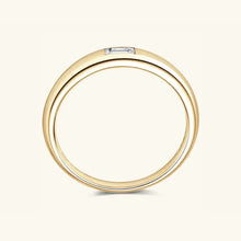 Yellow gold wedding band with silver inlaid moissanite baguette diamond