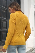 Yellow Knit Turtleneck Sweater with Diamond Pattern Long Sleeve Sweater Pullovers