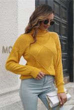 Yellow Knit Turtleneck Sweater with Diamond Pattern Long Sleeve