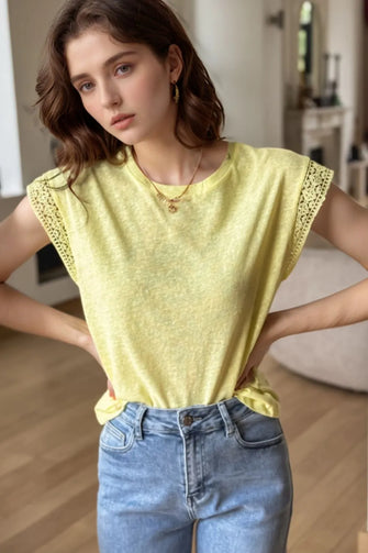 Yellow Lace Sleeve Women’s T-Shirt Light Yellow