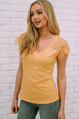 Yellow Lace Trim Semi-Sheer Top for Women Tangerine