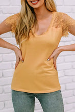 Yellow Lace Trim Semi-Sheer Top for Women Woman T Shirts