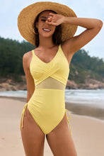Yellow One Piece Swimsuit with Crisscross Chest and Drawstring Light Yellow Swimwear