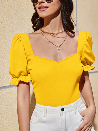 Yellow Puff Sleeve Sweetheart Neck Short Sleeve Blouse Gold