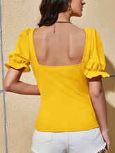 Yellow Puff Sleeve Sweetheart Neck Short Sleeve Blouse