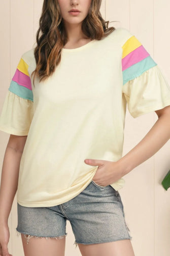 Yellow T Shirt with Color Block Stitched Sleeve for Women Cream