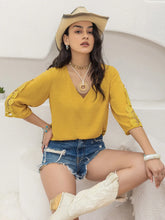 Yellow V Neck Blouse with Lace Sleeves in 100 Percent Viscose