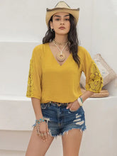 Yellow V Neck Blouse with Lace Sleeves in 100 Percent Viscose Woman T Shirts
