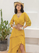 Yellow V Neck Blouse with Lace Sleeves in 100 Percent Viscose Woman T Shirts