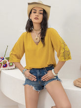 Yellow V Neck Blouse with Lace Sleeves in 100 Percent Viscose