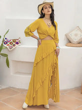 Yellow V Neck Blouse with Lace Sleeves in 100 Percent Viscose Woman T Shirts