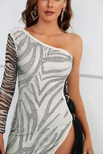 Zebra Print Rhinestone Slit Single Shoulder Dress Cocktail Dress