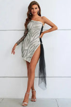 Zebra Print Rhinestone Slit Single Shoulder Dress Cocktail Dress