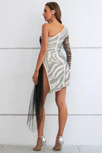 Zebra Print Rhinestone Slit Single Shoulder Dress Cocktail Dress