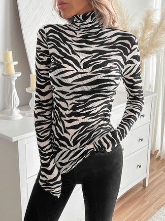 Zebra Striped Turtleneck Top for Women Black