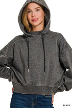 Black heathered cropped Zenana acid wash fleece hoodie with ribbed cuffs hem and black drawstrings for pairing advice