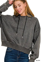 Black heathered cropped zenana acid wash fleece hoodie with ribbed cuffs, hem, and black drawstrings for casual wear