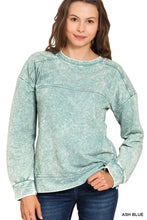 Ash blue acid wash french terry sweatshirt with exposed seam ribbed cuffs and hem by zenana