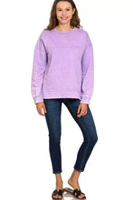 Lavender acid wash cotton french terry loose-fitting sweatshirt with subtle texture and ribbed cuffs by zenana