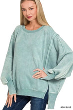 Ash blue Zenana acid washed fleece sweatshirt with batwing sleeves, ribbed cuffs, hem, relaxed fit, and slightly stretchy fabric