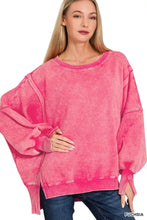 Fuchsia distressed cotton fleece sweatshirt with batwing sleeves and ribbed cuffs and hem by Zenana