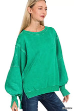 Emerald green zenana acid washed batwing sleeves oversized sweatshirt with ribbed cuffs and subtle distressed texture