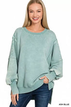 Ash blue acid washed fleece sweatshirt with ribbed cuffs hem relaxed fit and slightly stretchy batwing sleeves