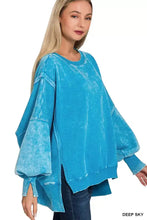 Deep sky blue velvet oversized batwing sleeve fleece sweatshirt with bell sleeves and ribbed cuffs by Zenana