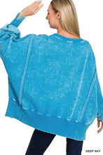 Deep sky blue oversized batwing sleeve fleece sweatshirt with distressed texture and ribbed cuffs and hem by Zenana
