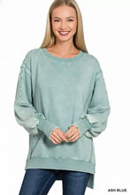 Ash blue acid washed fleece sweatshirt with batwing sleeves, slightly stretchy fabric, ribbed cuffs, and relaxed fit