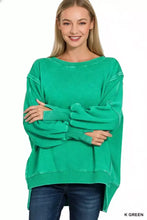 Cozy oversized green zenana acid washed fleece sweatshirt with relaxed fit and acid washed batwing sleeves