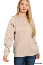 Ash mocha-colored zenana acid washed fleece sweatshirt with soft cotton blend and ribbed cuffs and hem