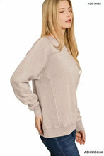 Ash mocha acid washed fleece sweatshirt by Zenana with ribbed cuffs hem and subtle side texture contrast