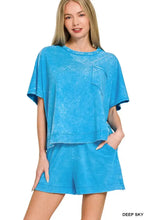 Zenana acid washed oversized top and shorts set in deep sky blue