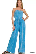 Zenana acid washed strapless tube top jumpsuit in deep sky blue