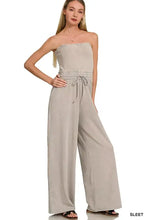 Zenana acid washed strapless tube top jumpsuit in light gray denim