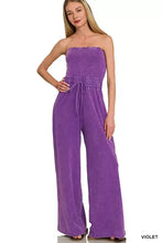 Zenana acid washed strapless tube jumpsuit in purple velvet