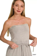 Zenana acid washed strapless tube top jumpsuit in light gray denim