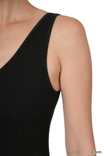 Black breathable seamless ribbed tank top V-neck detail