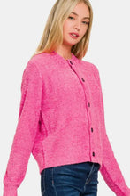 Zenana button down long sleeve sweater cardigan in pink boucle