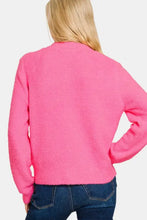 Zenana button down neon pink bouclé long sleeve sweater cardigan