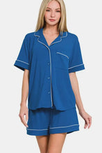 Zenana Button Down Short Sleeve Top and Shorts Lounge Set Classic Blue Woman Loungewear Sets