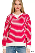 Vibrant pink and white striped round neck sweatshirt with cream contrast striped round neck, cuffs, and hem by zenana
