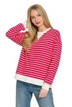Red and white contrast striped round neck long-sleeved sweater with ribbed cuffs and hem by Zenana