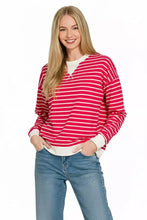 Zenana contrast striped round neck sweatshirt in red and white with cream inner lining and long sleeves