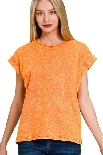 Zenana Crinkle Washed Orange Short Sleeve Tee for Women ORANGE