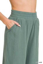 Ash jade wide-leg zenana double gauze lounge pants with textured lightweight fabric, elastic waistband, and side pockets