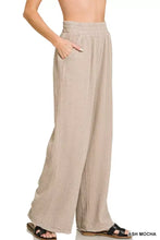 Ash mocha-colored wide-leg zenana double gauze lounge pants with elastic waistband and side pockets made from lightweight fabric