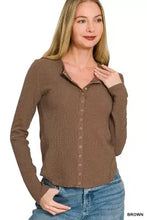 Brown ribbed knit long-sleeve button-up top made from double knit fabric by Zenana perfect for casual wear